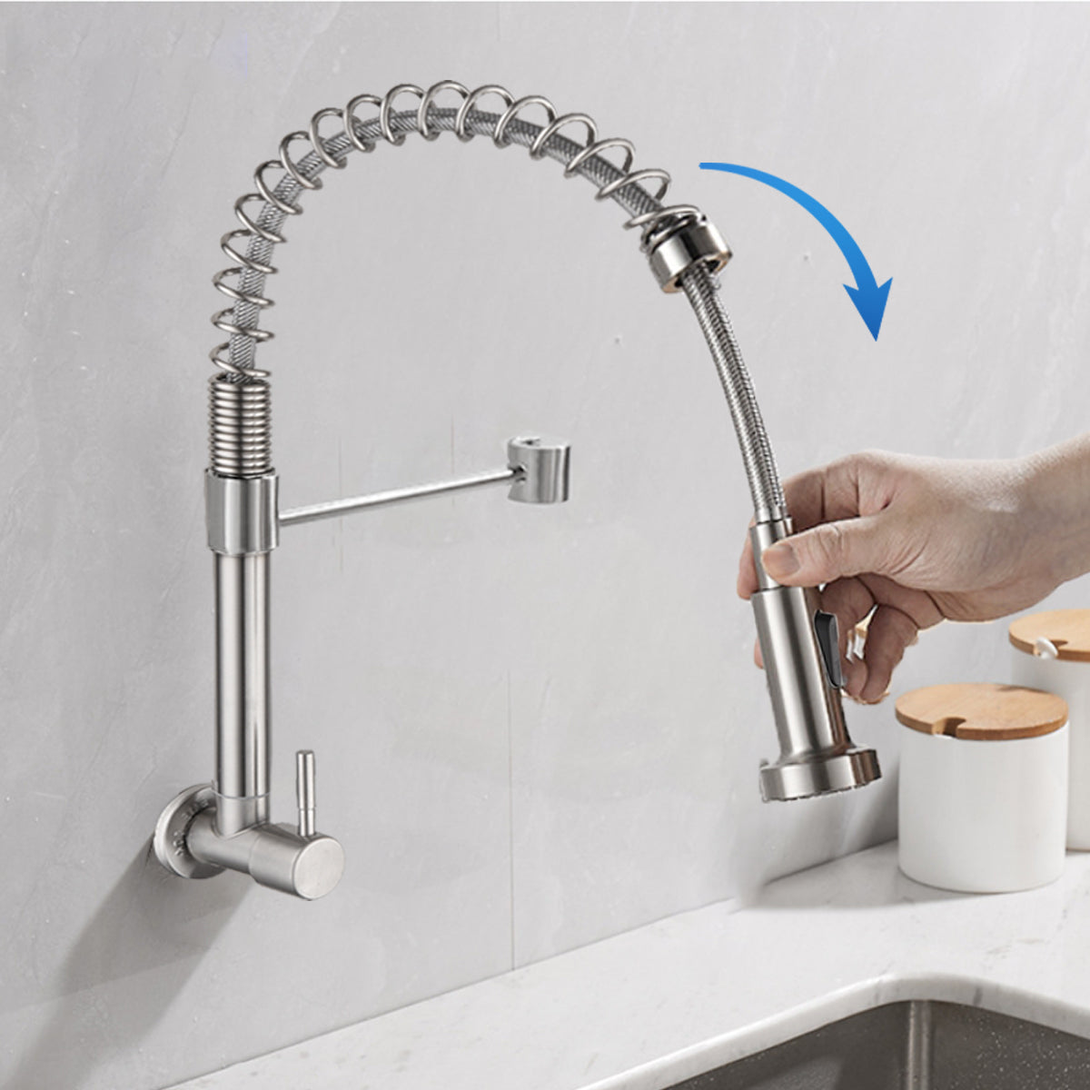EOCO Spring Pull-Down Single Cold Rotatable Vegetable Sink Faucet, SUS304 Stainless Steel Wall Mounted Kitchen Tap