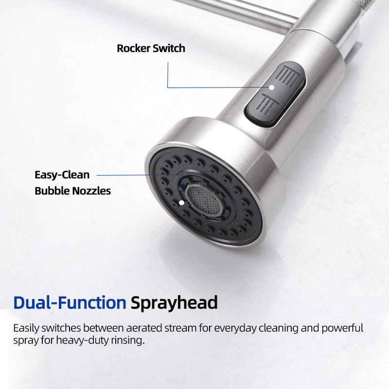 EOCO Single Handle High Arc Kitchen Sink Faucet, Spring Pull-Out Sprayer, Dual Spray Modes, Cold Water Only, Stainless Steel Construction