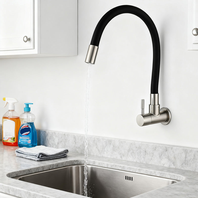 EOCO Brushed 304 Stainless Steel Wall Mount Kitchen Single Cold Tap, 360° Rotatable, Suitable for Kitchen Sinks, Vegetable Washing Basins and Balcony Mop Sinks