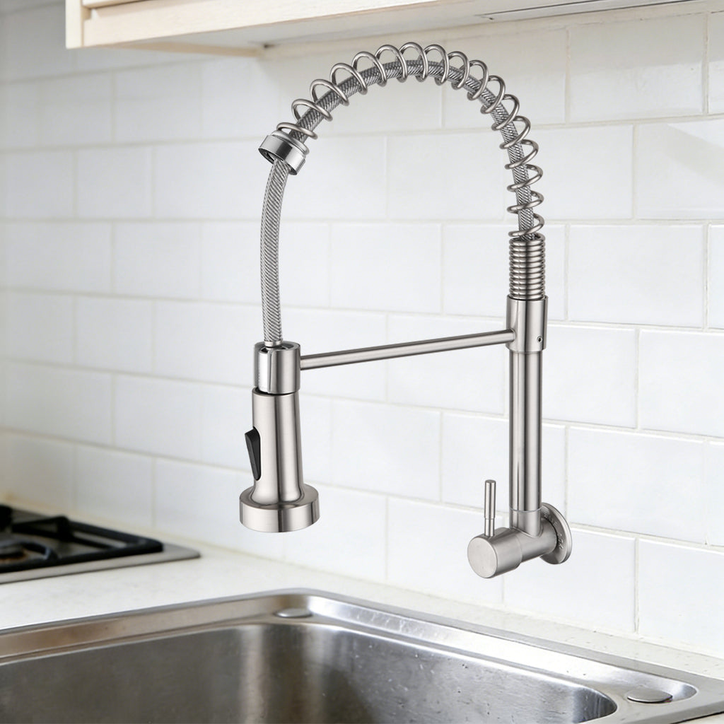 EOCO Spring Pull-Down Single Cold Rotatable Vegetable Sink Faucet, SUS304 Stainless Steel Wall Mounted Kitchen Tap