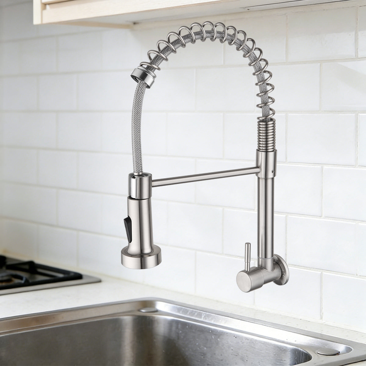 EOCO Spring Pull-Down Single Cold Rotatable Vegetable Sink Faucet, SUS304 Stainless Steel Wall Mounted Kitchen Tap