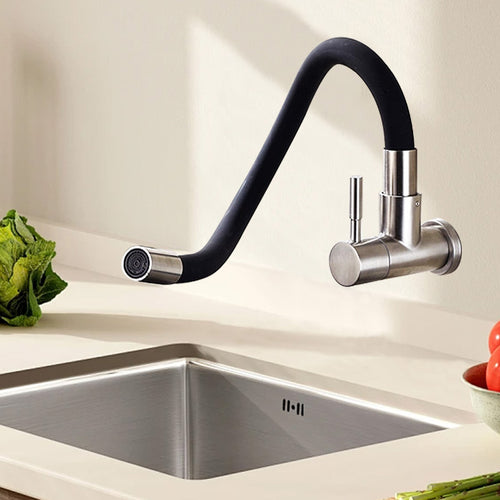 EOCO Brushed 304 Stainless Steel Wall Mount Kitchen Single Cold Tap, 360° Rotatable, Suitable for Kitchen Sinks, Vegetable Washing Basins and Balcony Mop Sinks