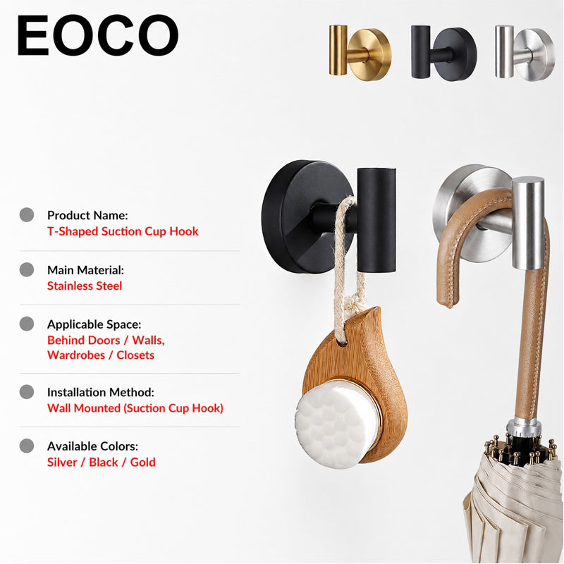 EOCO T-shaped suction cup hook (no drilling required), suitable for bathroom towel hooks, wall hangers, and clothing hangers.