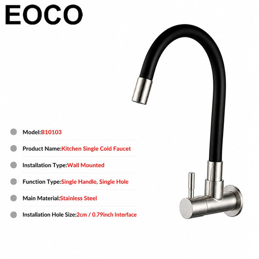 EOCO Brushed 304 Stainless Steel Wall Mount Kitchen Single Cold Tap, 360° Rotatable, Suitable for Kitchen Sinks, Vegetable Washing Basins and Balcony Mop Sinks