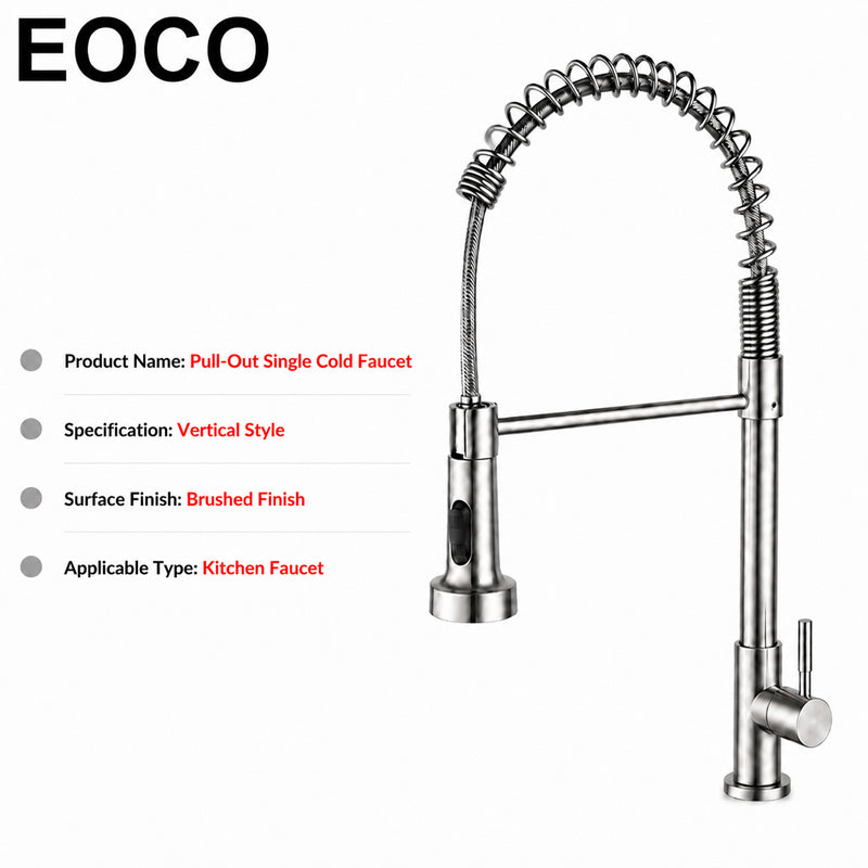 EOCO Single Handle High Arc Kitchen Sink Faucet, Spring Pull-Out Sprayer, Dual Spray Modes, Cold Water Only, Stainless Steel Construction