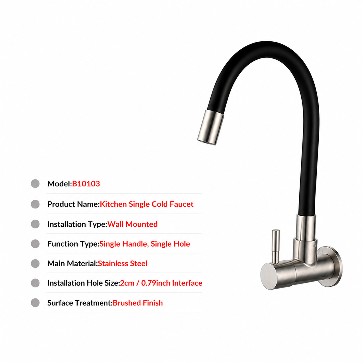 EOCO Brushed 304 Stainless Steel Wall Mount Kitchen Single Cold Tap, 360° Rotatable, Suitable for Kitchen Sinks, Vegetable Washing Basins and Balcony Mop Sinks